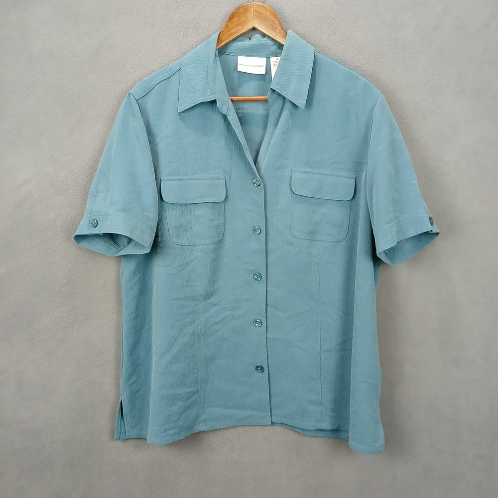 Alfred Dunner Dress Shirt Womens 16 Aqua Side Slit Button Up Office Wear Formal